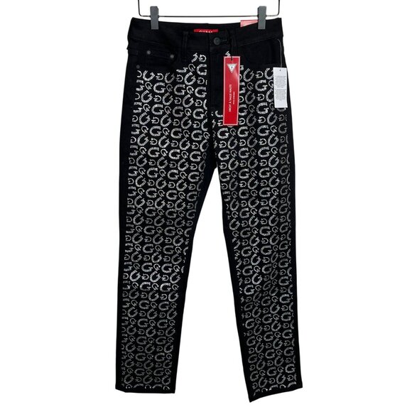 Guess Womens Black Rhinestone Logo Jeans Size 2 26 XS High Rise Straight Leg - Picture 1 of 16
